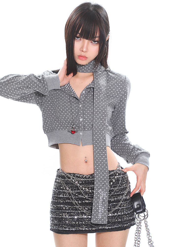 【25s Apr.】Polka Dot Ribbon Tie Casual Long Sleeve Top