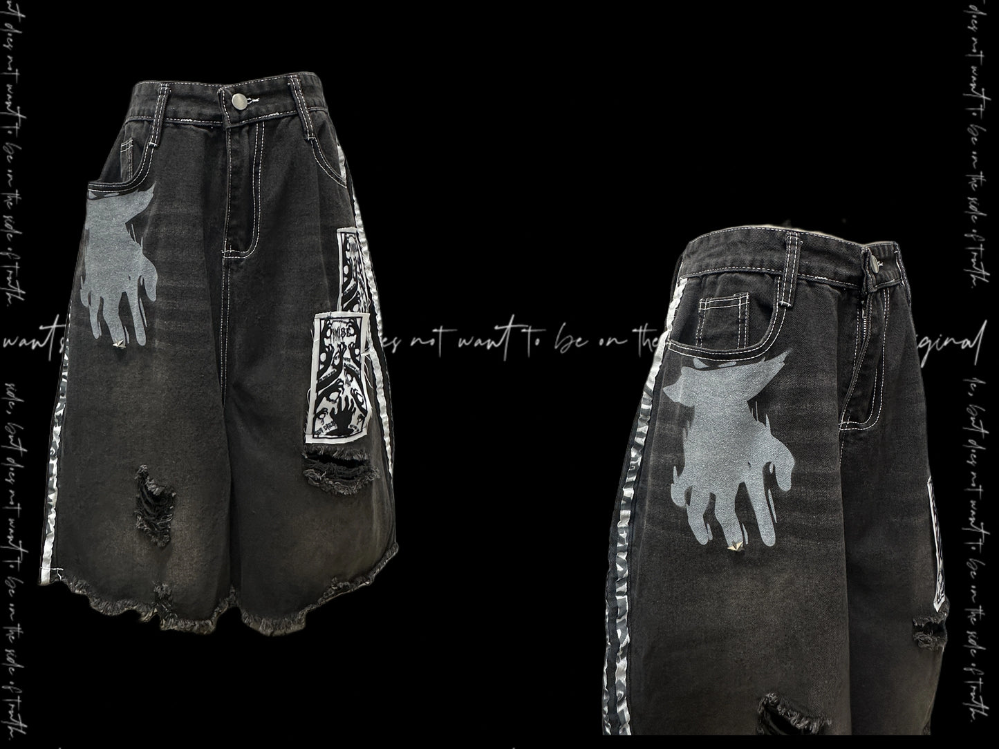 【25s Aug.】Black Striped Distressed Denim Shorts with Patch Details