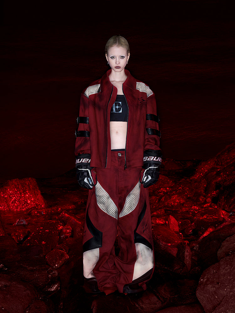 【25s Apr.】Dark Red Patchwork Leather Straps Dirty Dyed Denim Jacket+ Pants