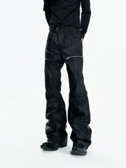 【26s May】Waxed Distressed Zip Panel Straight Denim Pants