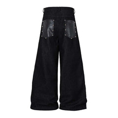 Studded Patchwork Washed Wide-Leg Denim Pants