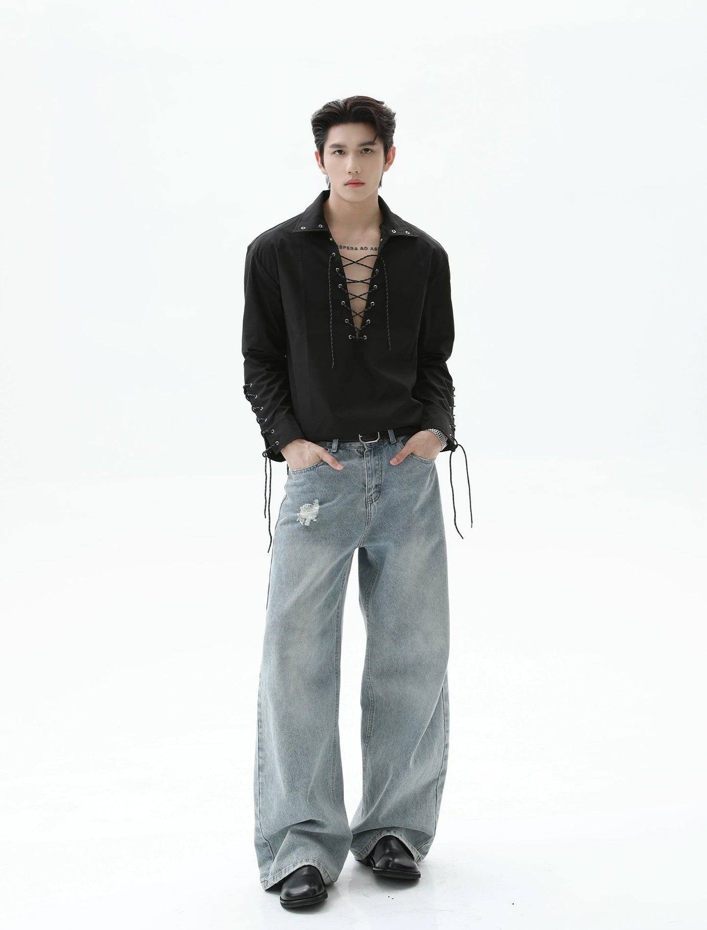 【25s Sep.】Deep V-neck Solid Color Tie-string Shirt