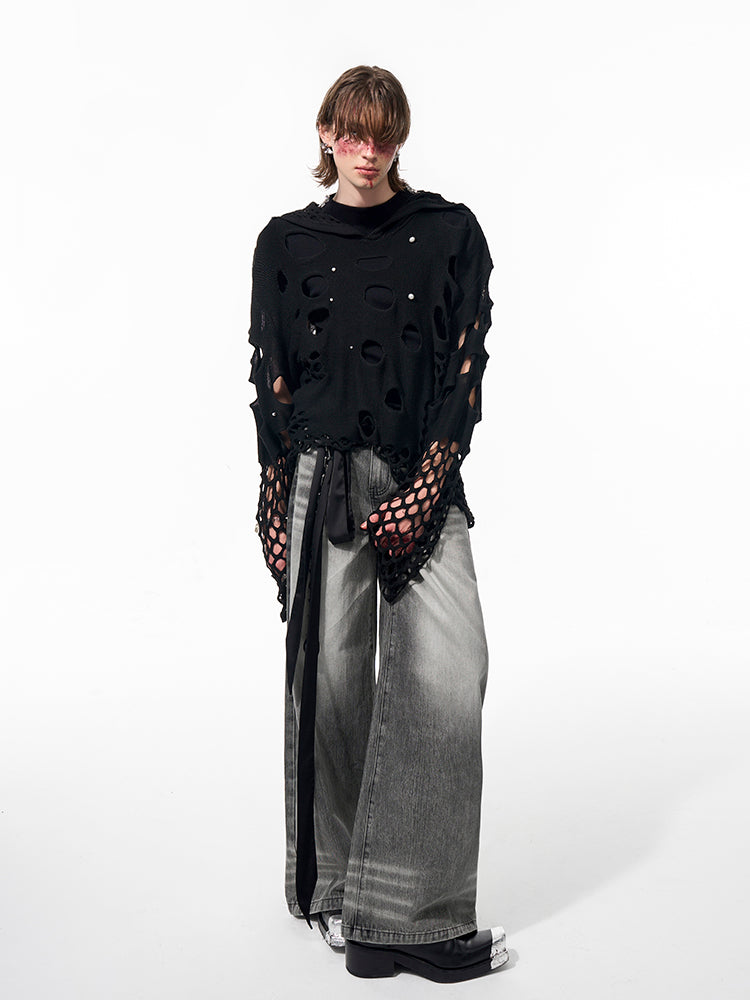 【25 Apr.】Hollow Pearl Embellished Hooded Sweater