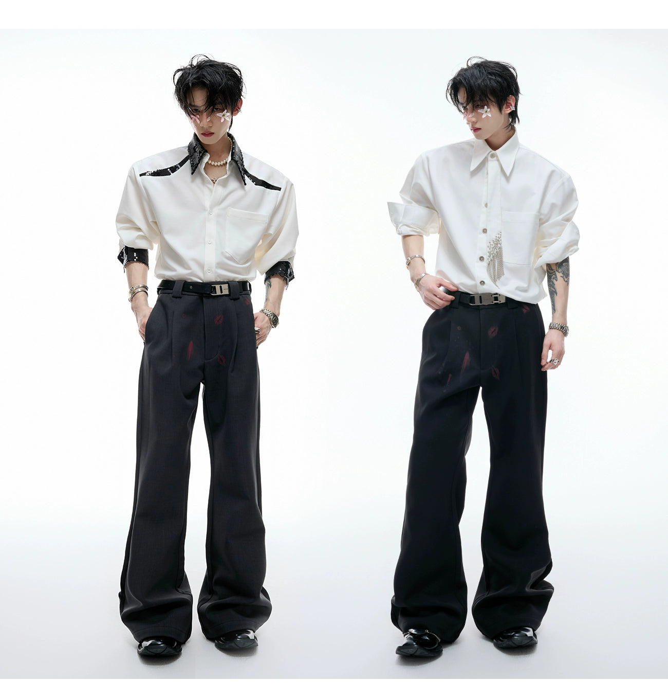 【25s Aug.】Pleated Red Lip Print Flared Trousers