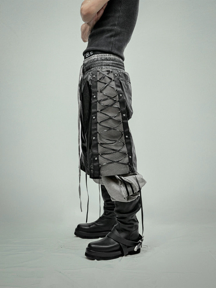 【25s Jul.】Tie-straps Glossy Coating Stitching Honeycomb Mesh Cropped Shorts