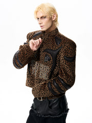 【25s Oct.】Leopard Print Leather and Rhinestone Stand Collar Jacket