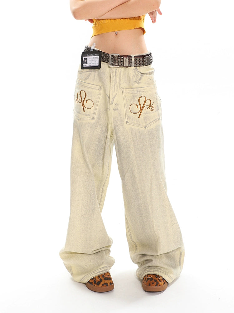 【25s May.】Grunge Wash Embroidered Wide Leg Jeans