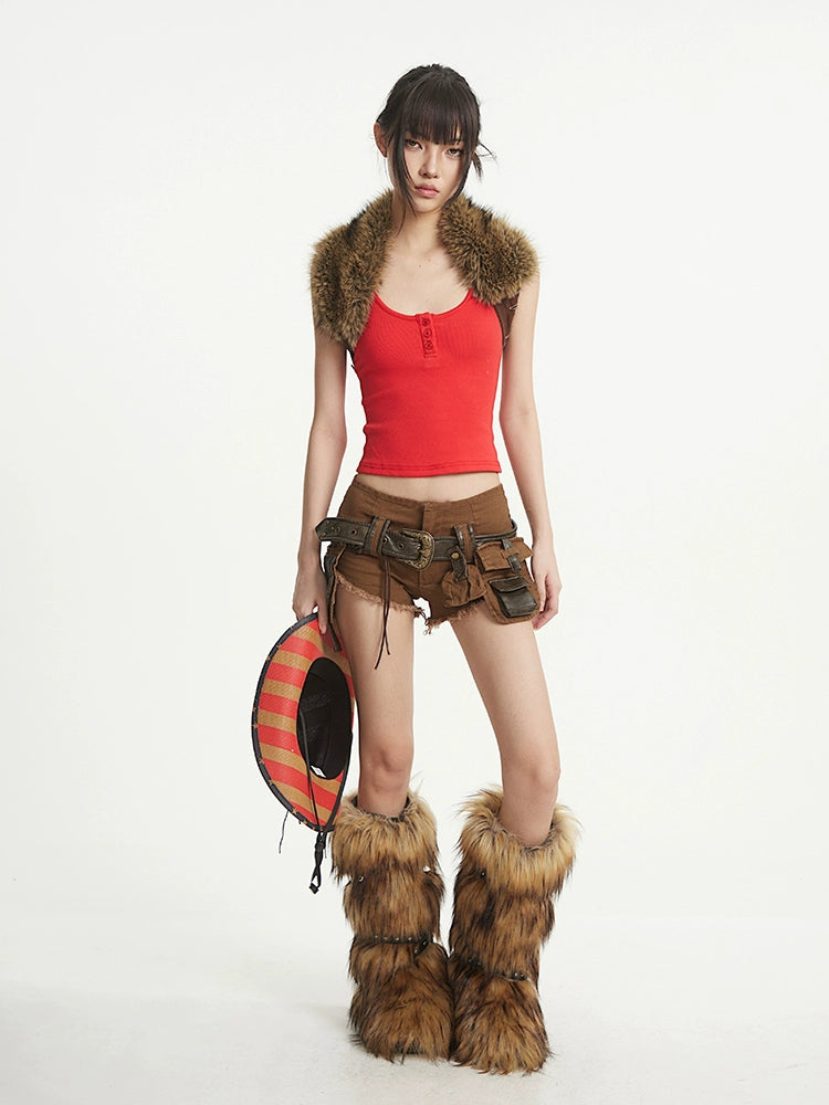 【25s Aug.】Washed Denim Fringe Waist Utility Shorts
