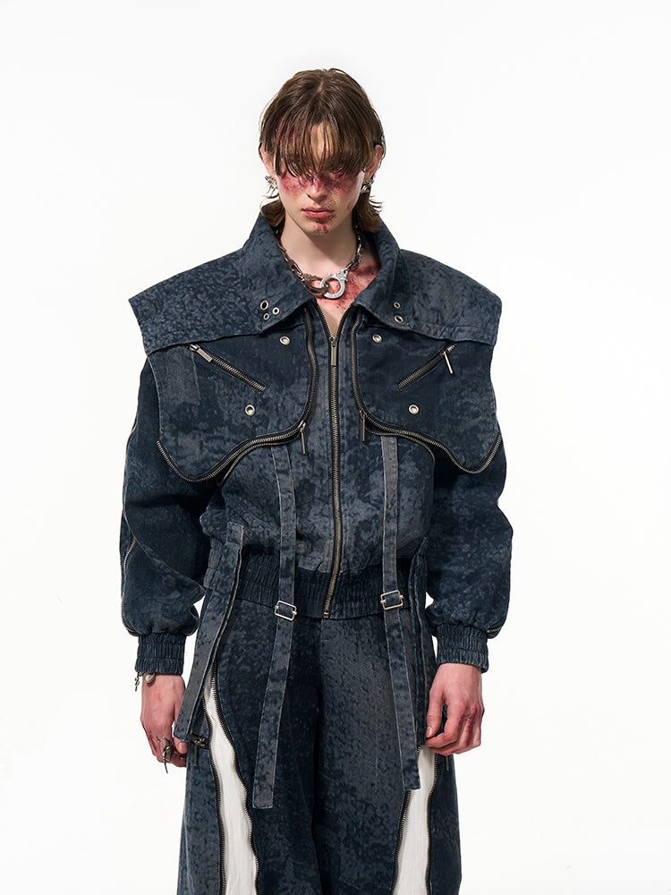 【25s Apr.】Faux Two-piece Design Zippered Denim Jacket+Pants