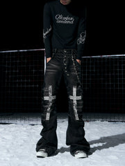 【26s Jan.】Rhinestone Cross Double-waisted Flared Jeans