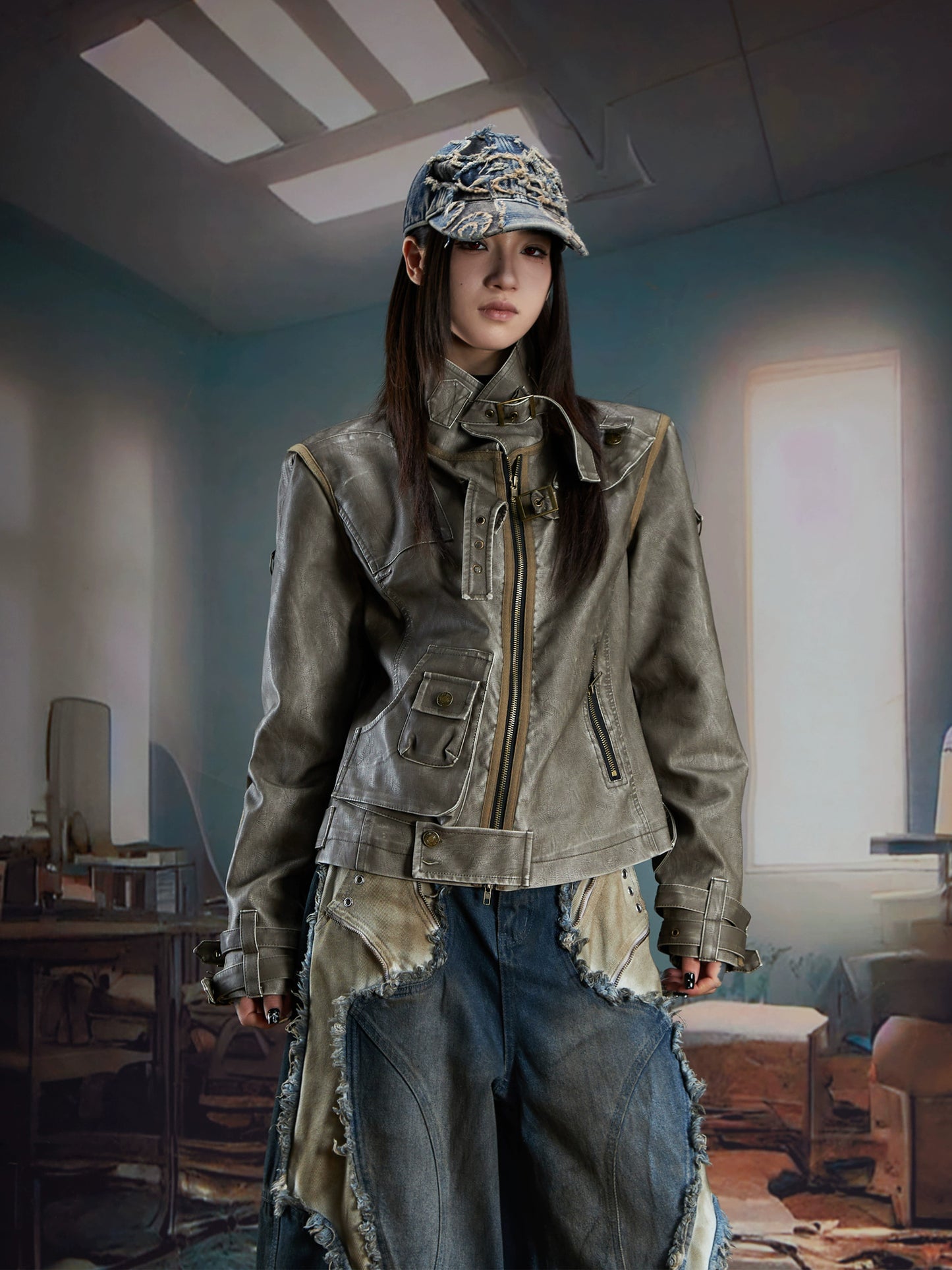 Deconstructed Patchwork Stand-up Collar Rubbed Distressed Jacket
