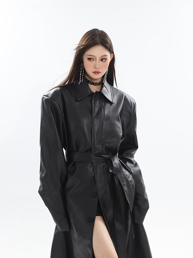 【23s October.】Long PU Leather Windbreaker Jacket ArtsKoreanMan
