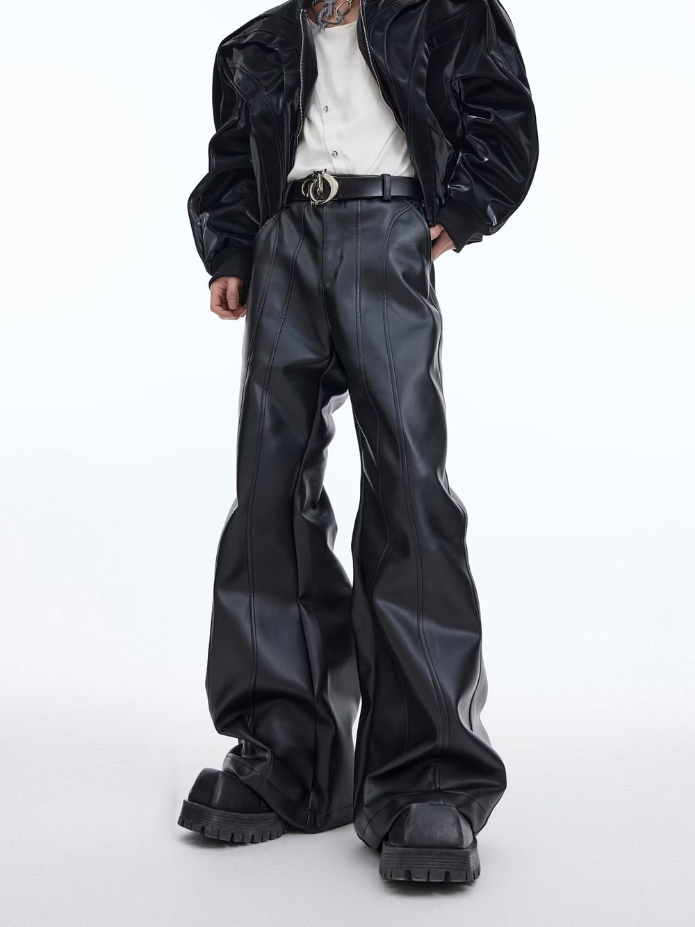 【23s December.】Deconstructed Slim-fit Slightly Flared Leather Pants ArtsKoreanMan