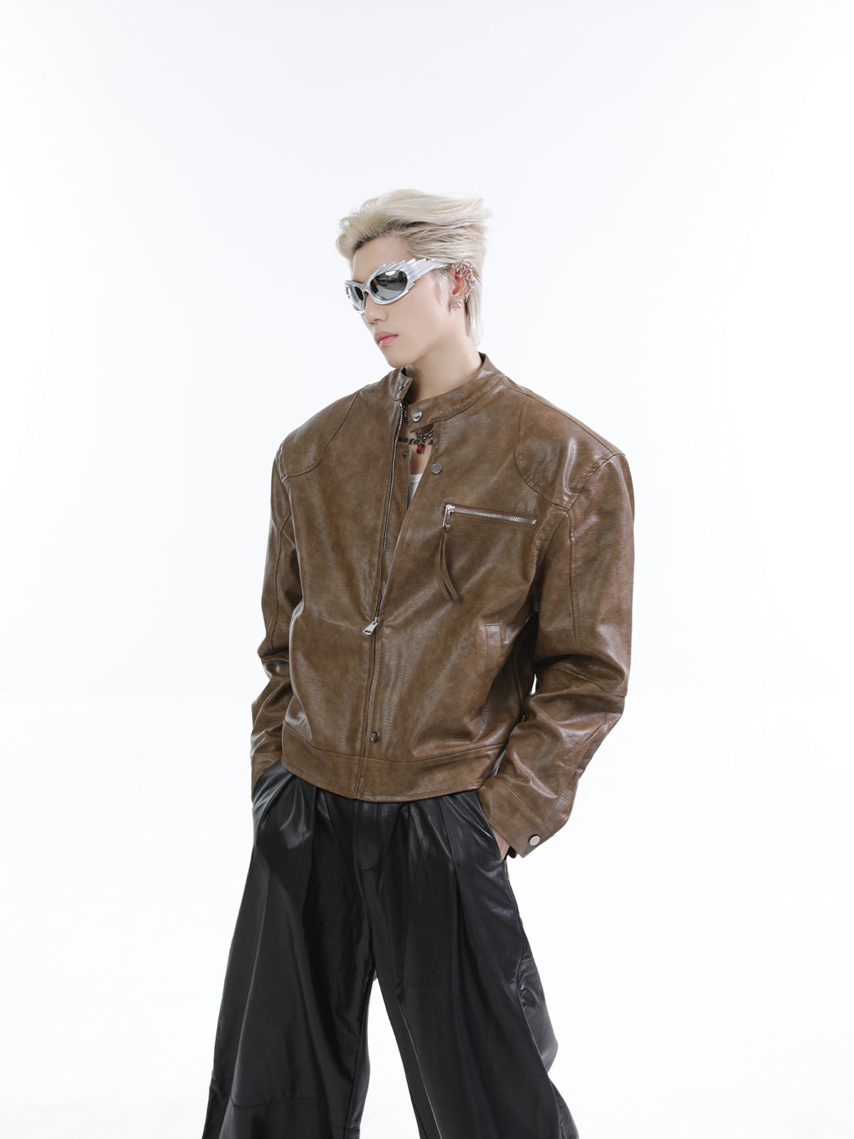 【25s Feb.】Stand Collar Shiny PU Short Leather Jacket