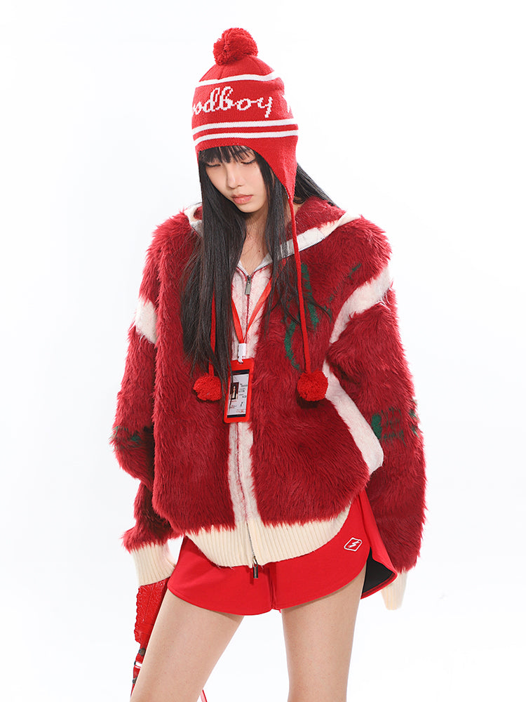【25s Jan.】Christmas Red and White Stitching Embroidered Hooded Sweater