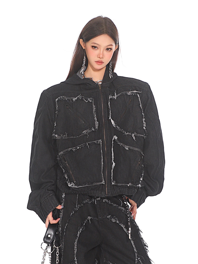 【24s Sep.】Destroyed Tassel Large Pocket Denim Hooded Jacket ArtsKoreanMan