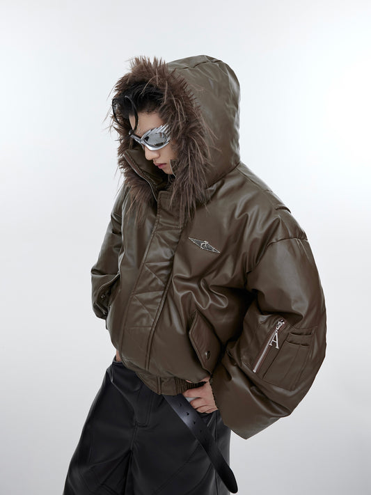 【23s November.】Deconstructed Plush Spliced PU Leather Cotton Jacket ArtsKoreanMan
