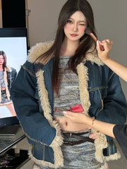 【23s November.】Contrast Color Denim Retro Jacket with Fur Collar ArtsKoreanMan