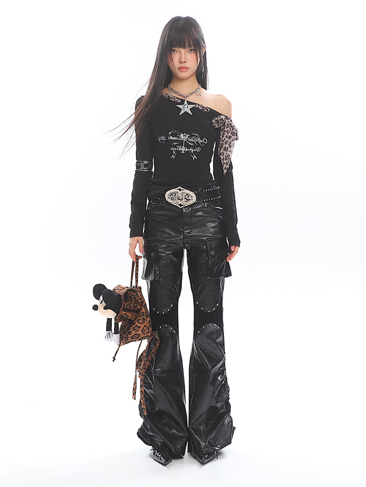 【24s Jan.】American Style Leopard Print Ribbon Off-shoulder Long Sleeves