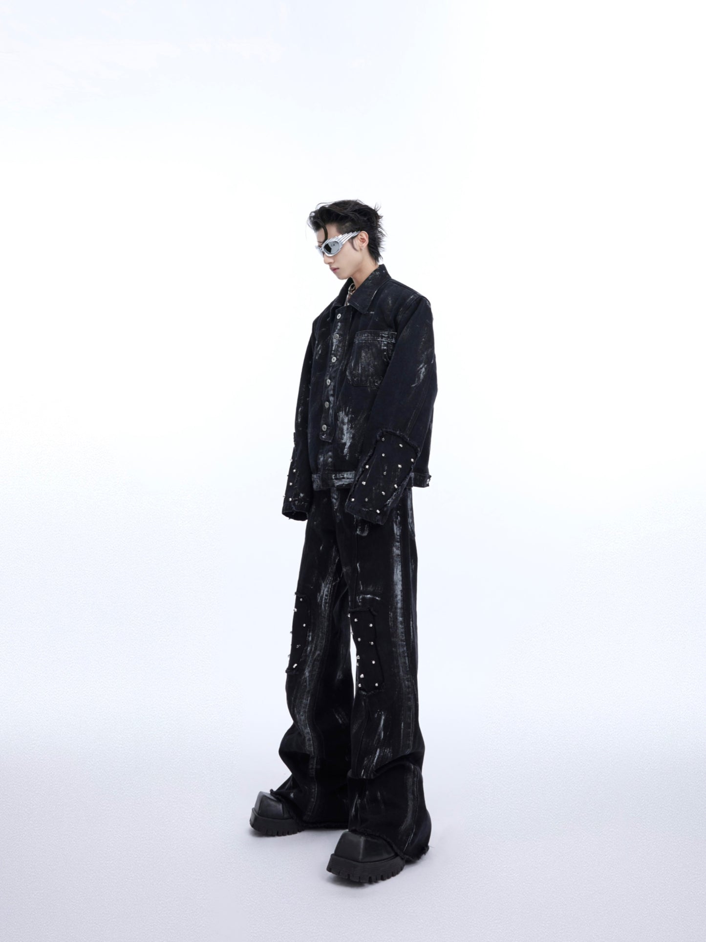 【24s March.】Metal Rivet Design Graffiti Denim Jacket + Jeans ArtsKoreanMan
