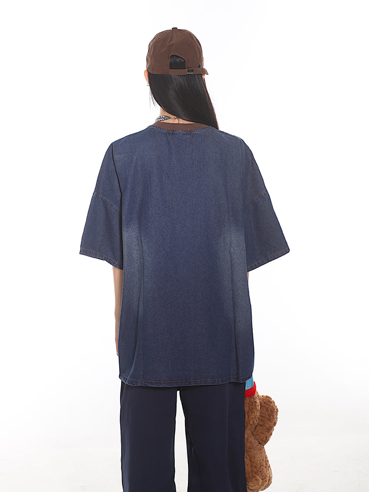【24s July.】Lettering Embroidered Denim T-Shirt TrendyStyle101