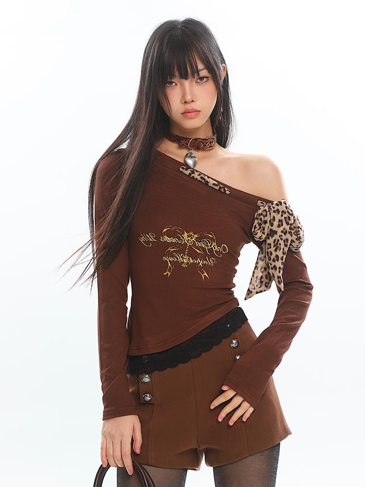 【24s Jan.】American Style Leopard Print Ribbon Off-shoulder Long Sleeves