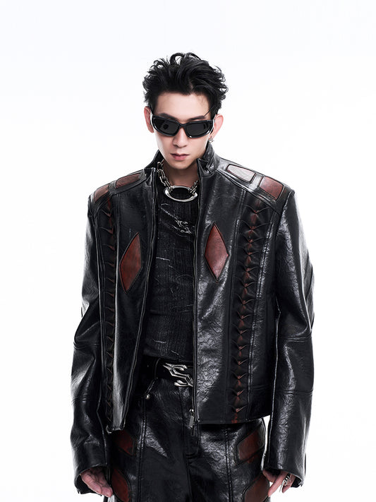 【24s Nov.】Niche Design Patchwork Pleated Motorcycle Leather Jacket ArtsKoreanMan