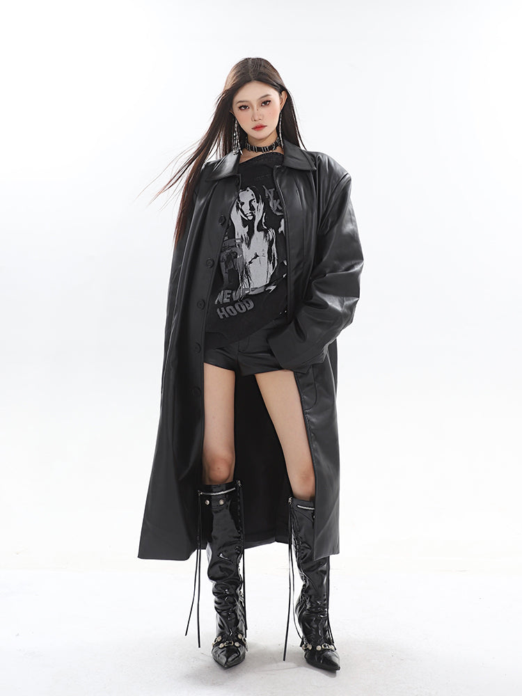 【23s October.】Long PU Leather Windbreaker Jacket ArtsKoreanMan