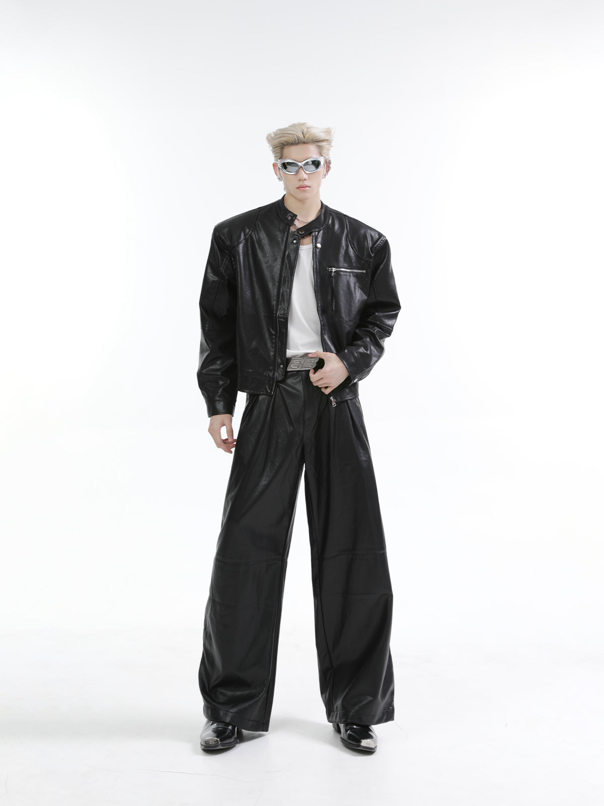 【25s Feb.】Stand Collar Shiny PU Short Leather Jacket