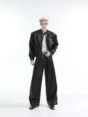 【25s Feb.】Stand Collar Shiny PU Short Leather Jacket