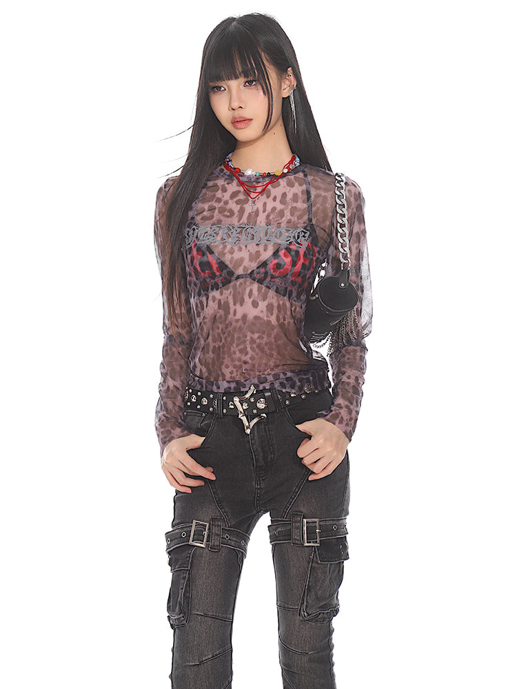 【24s Aug.】Leopard Print Mesh See-through Letter Print Long Sleeves ArtsKoreanMan