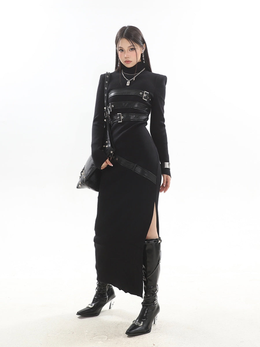 【23s November.】Knitted Patchwork Leather High-neck Slit Dress ArtsKoreanMan