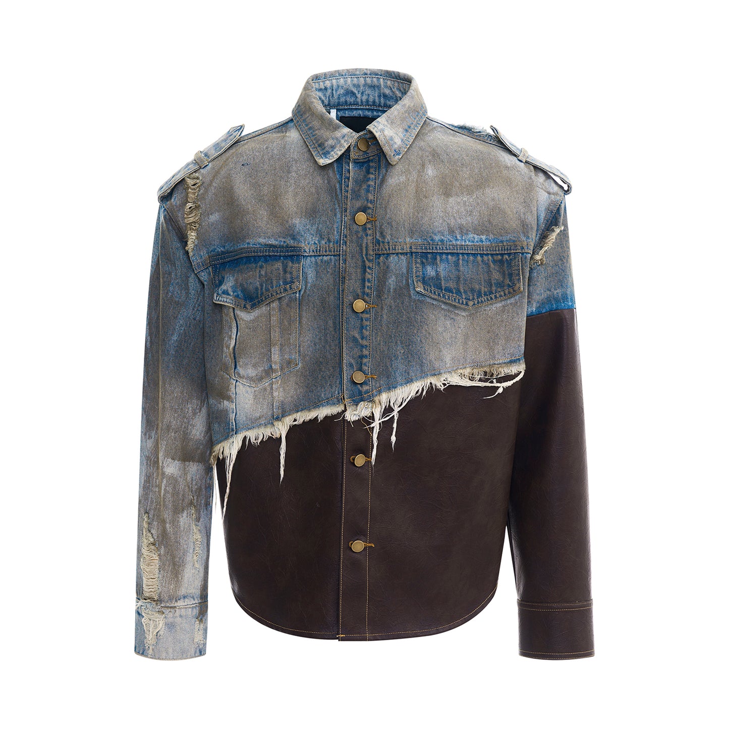 【24s Nov.】Vintage Distressed Patchwork Leather Denim Jacket ArtsKoreanMan