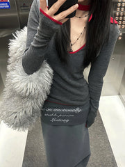 【25s Feb.】V-neck Red and Grey Contrast Striped Top