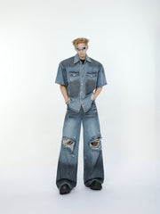 【24s June.】Vintage Dirty Dyed Hole Deconstructed Shirt + Jeans ArtsKoreanMan