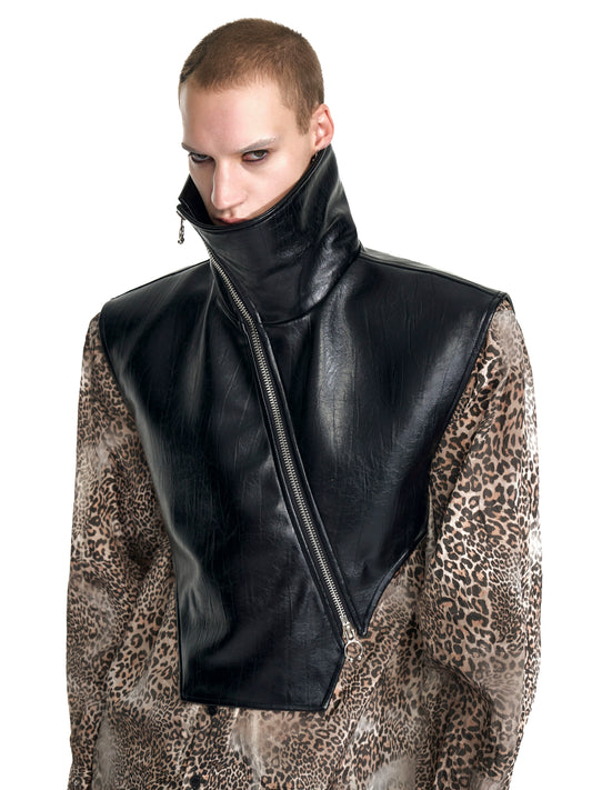 【25s Sep.】High Collar Oblique Zipper PU Leather Vest