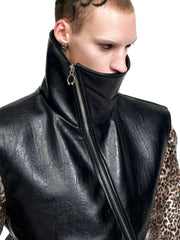【25s Sep.】High Collar Oblique Zipper PU Leather Vest