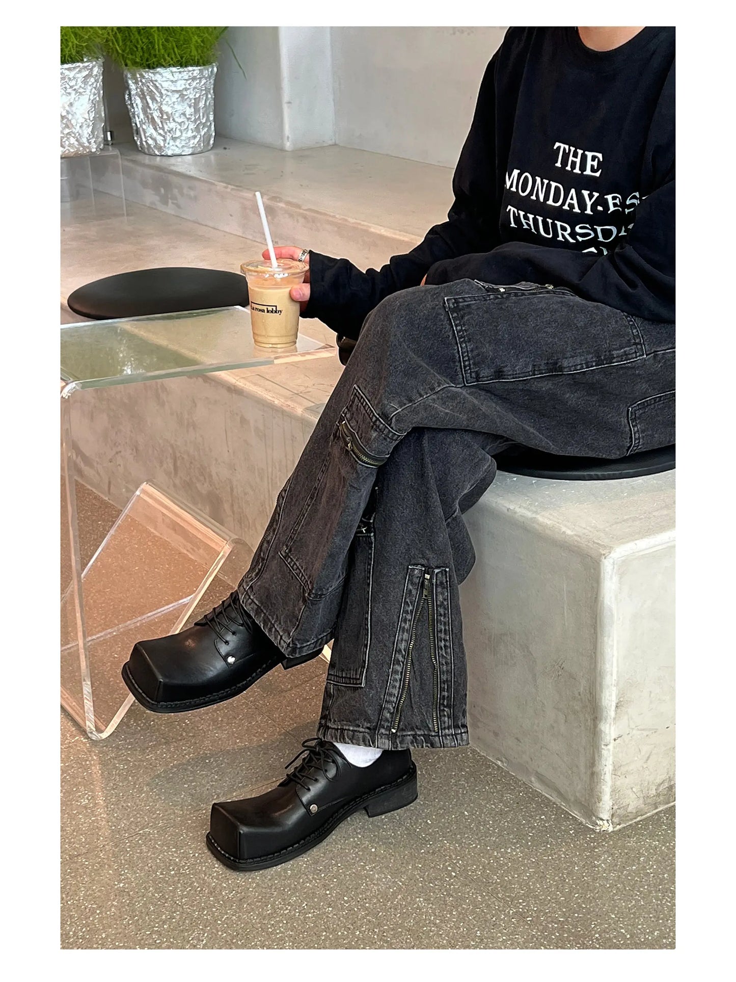 【New】Black Huge Square Toe Leather Shoes ArtsKoreanMan