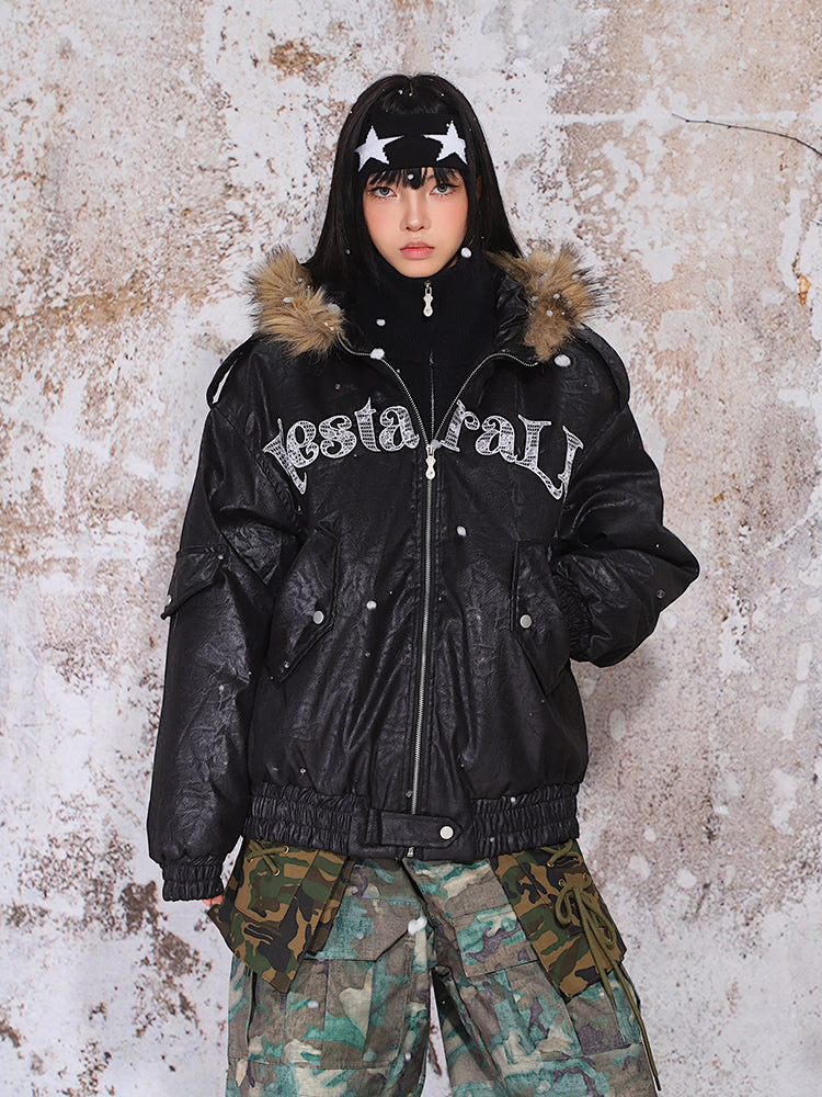 【24s Nov.】Fur Collar Leather Hooded Lace Lettering Cotton Jacket ArtsKoreanMan