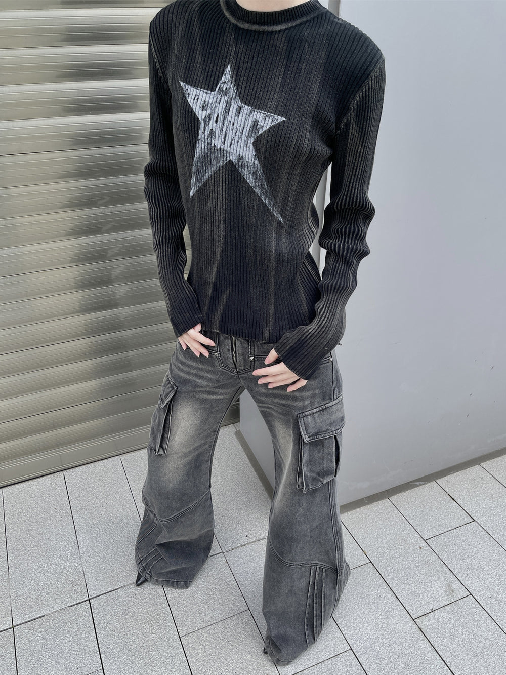 【23s December.】Washed Distressed Star Print Sweater ArtsKoreanMan