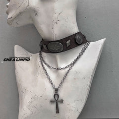 Leather Vintage Double Cross Rivet Punk Necklace