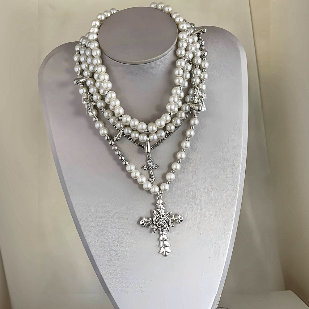 Pearl Layered Cross Necklace ArtsKoreanMan