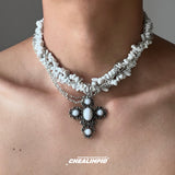 Agate Crushed Cross Layered Wrap Necklace