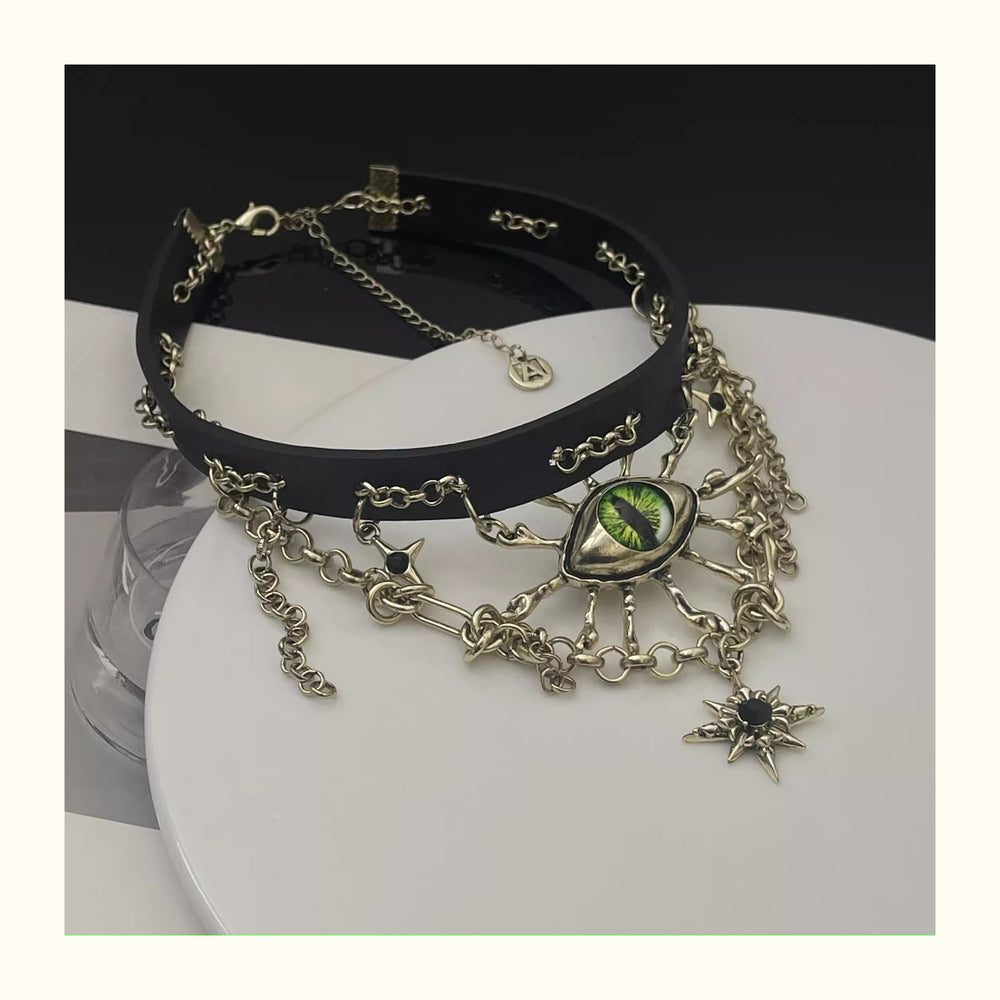 Vintage Green Evil Eye Black Leather Necklace ArtsKoreanMan