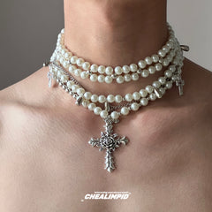 Pearl Layered Cross Necklace ArtsKoreanMan