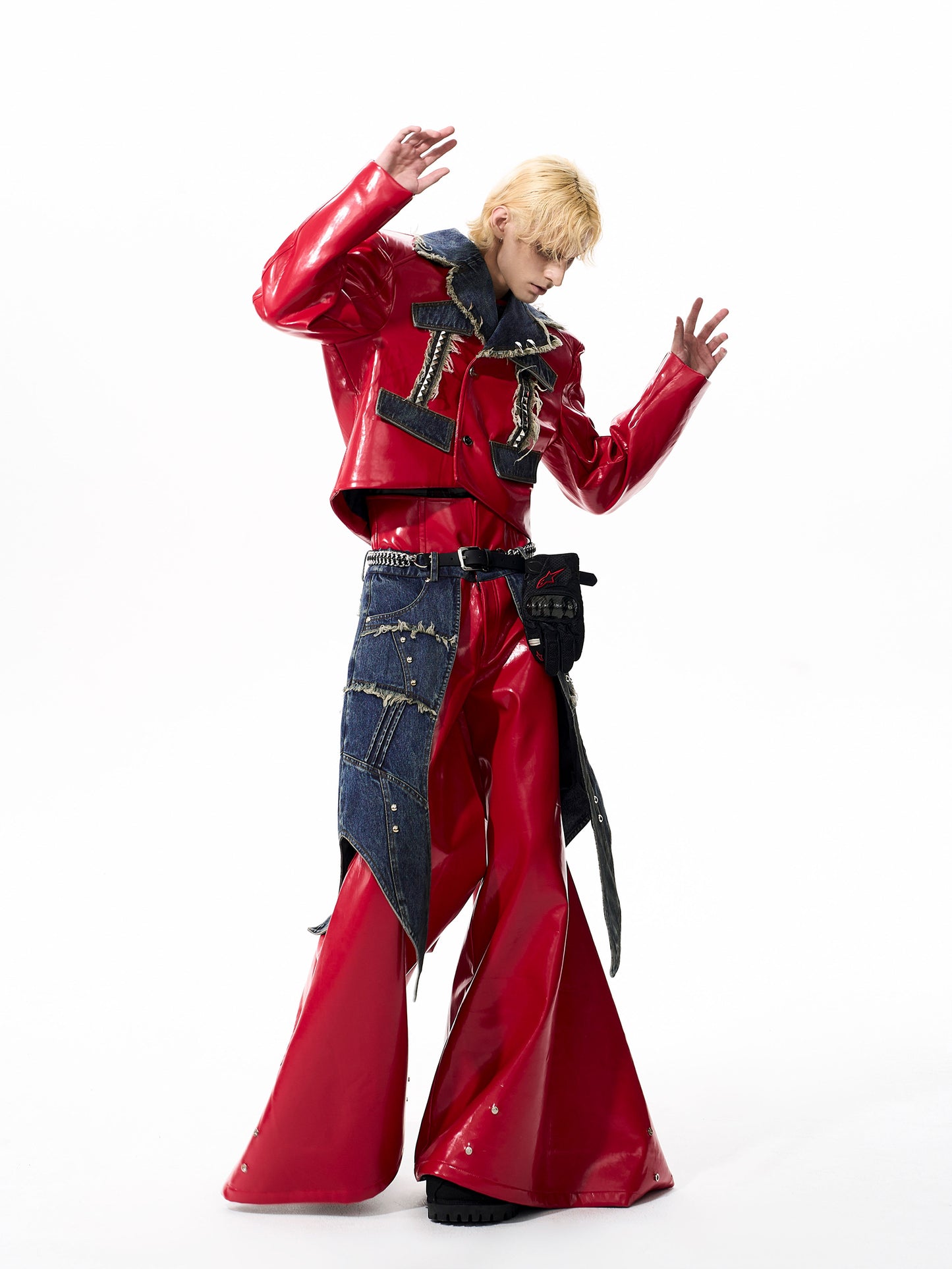 【25s Oct.】Denim Patchwork Red Leather Jacket/Double Waist Leather Pants