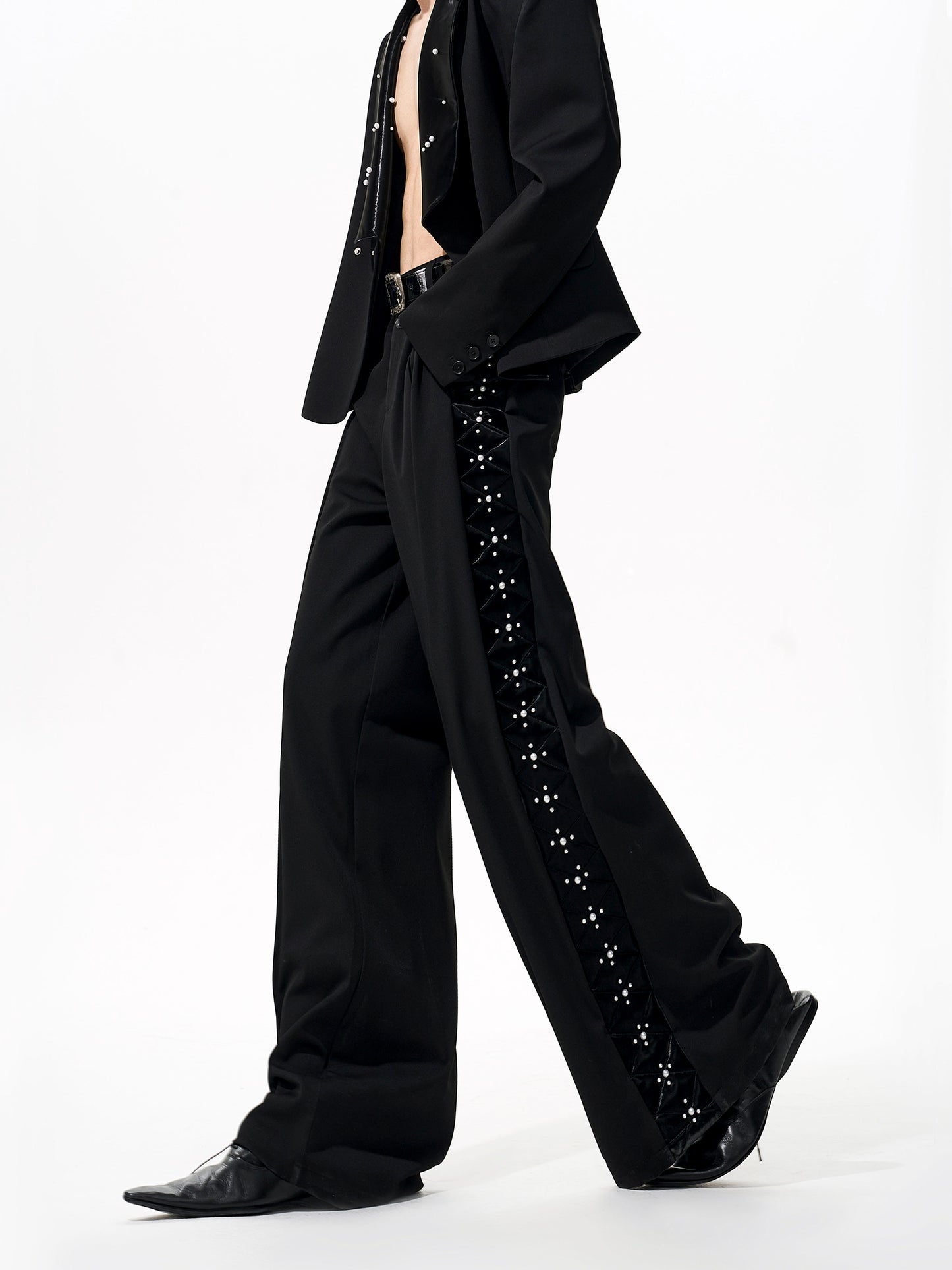 【25s Nov.】PU Leather Pearl-trimmed Suit/ Trousers