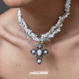 Agate Crushed Cross Layered Wrap Necklace