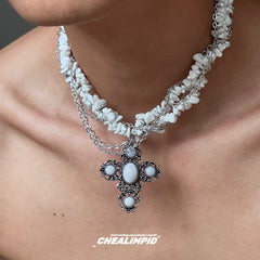 Agate Crushed Cross Layered Wrap Necklace