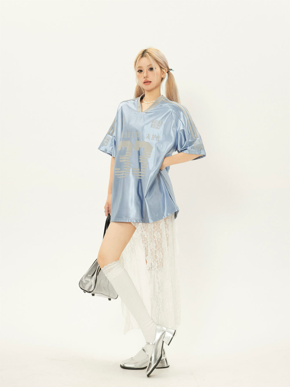 【24s July.】V-neck Vintage Satin Blue Football Jersey ArtsKoreanMan